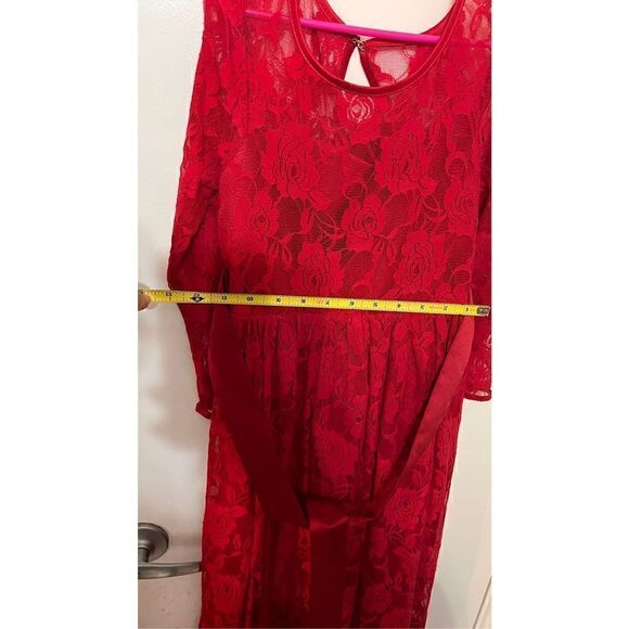 Girls Lace Long Sleeves Scoop Neck Belted Pullover Long Maxi Dress Red Sz 8-9Y - Picture 8 of 10